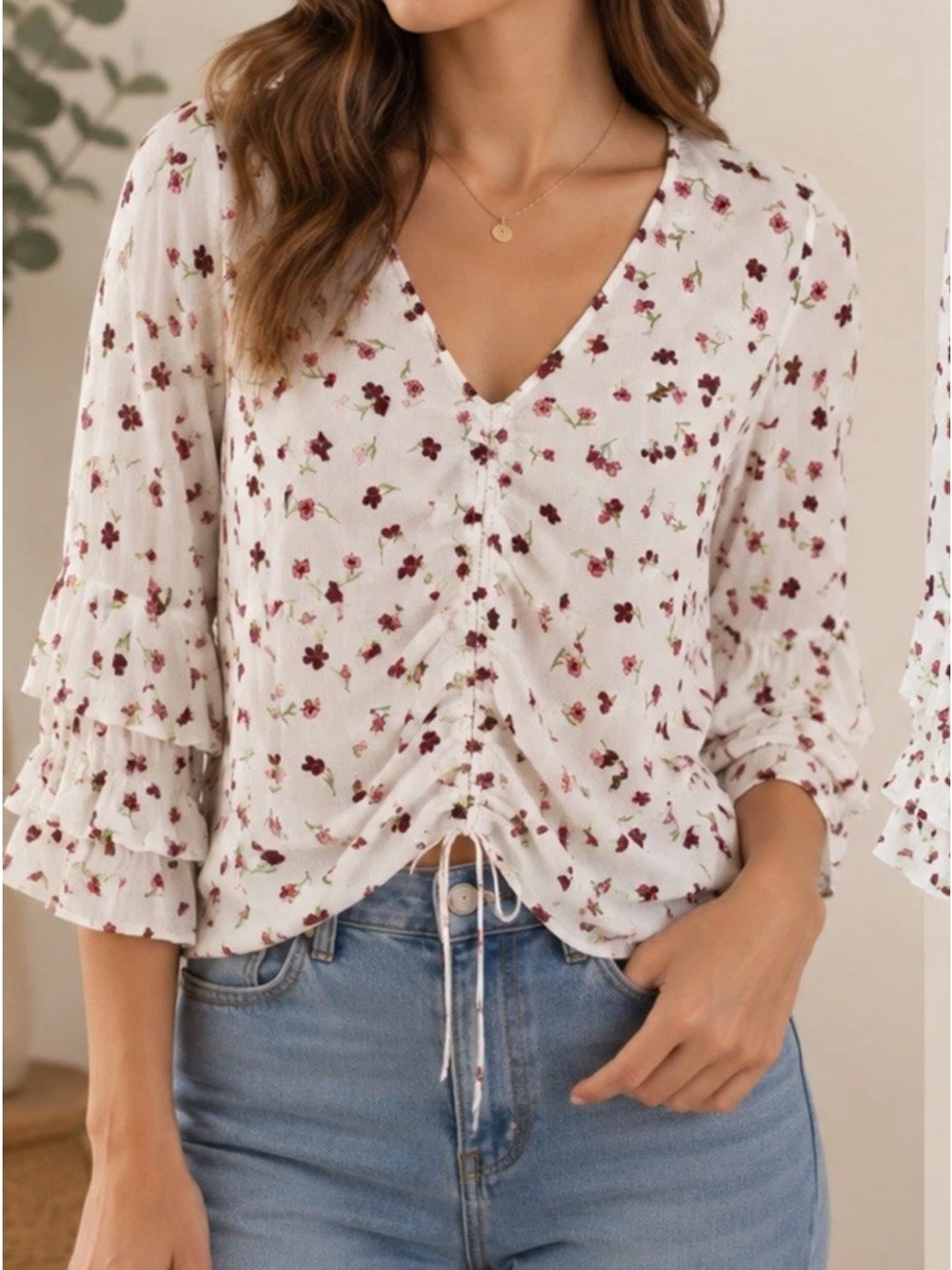 V-Neck Floral Ruched Drawstring Blouse - White with Burgundy Flowers